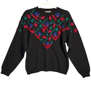 Skyr Vintage 100% Wool‎ Floral Sweater Sz L Pullover Crewneck 3D Knit 80s 90s